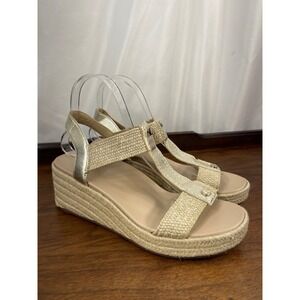 Vionic Sandals Calera Espadrille Wedges Wmns Sz 9 M Gold Taupe Natural EUC Clean